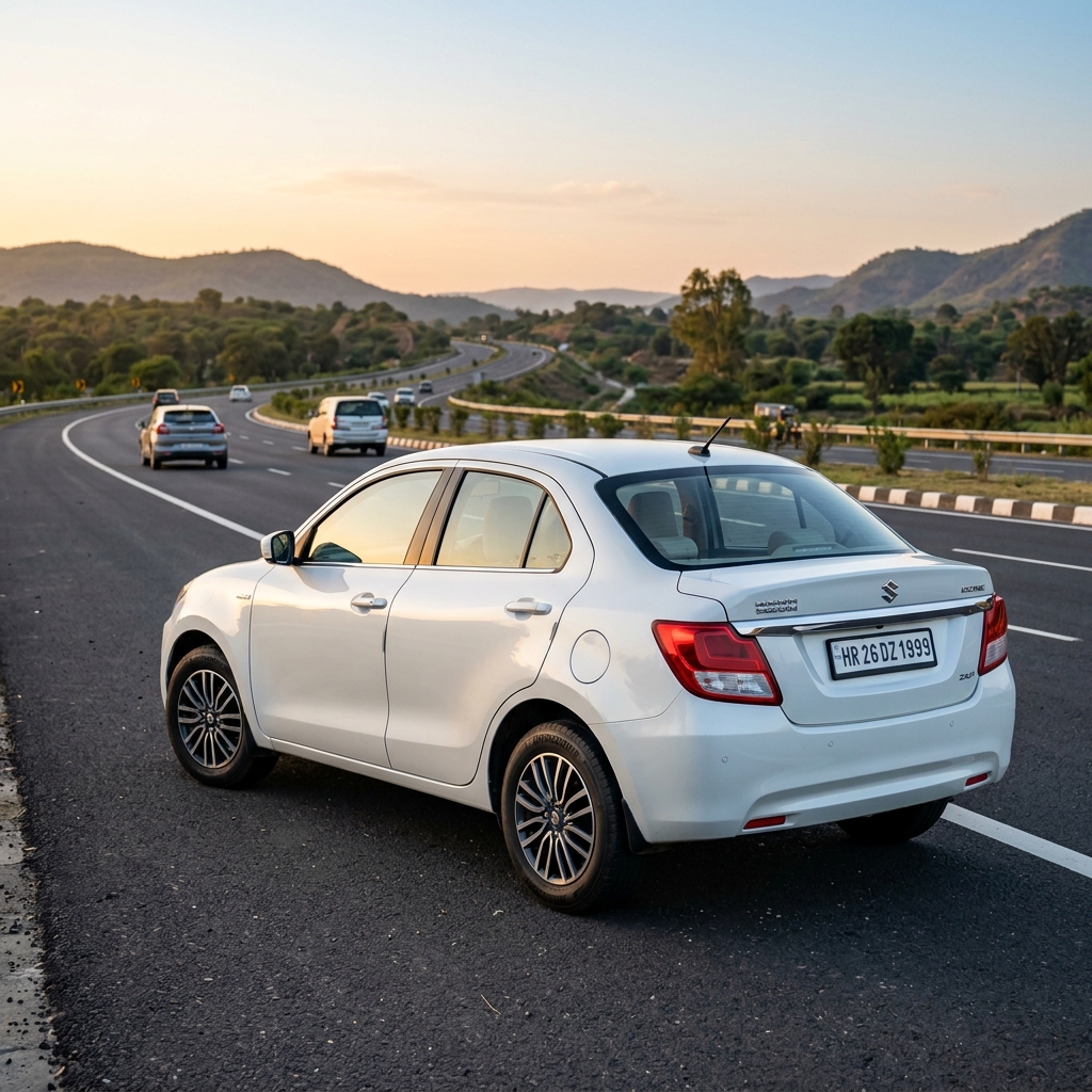 White Maruti Suzuki Dzire car rental in Ongole Court Center